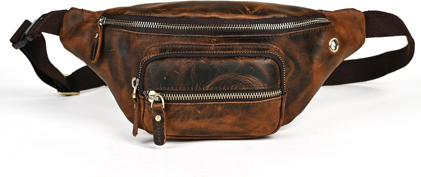 Thick Crazy Horse Leather Hiking Riding Travel Outdoor Belt Bag Fanny Waist Pack Small Phone Pouch For Men Women 380 (387 Brown)