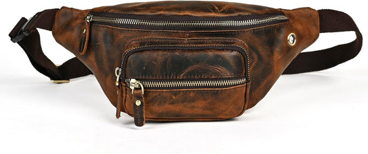 Thick Crazy Horse Leather Hiking Riding Travel Outdoor Belt Bag Fanny Waist Pack Small Phone Pouch For Men Women 380 (387 Brown)