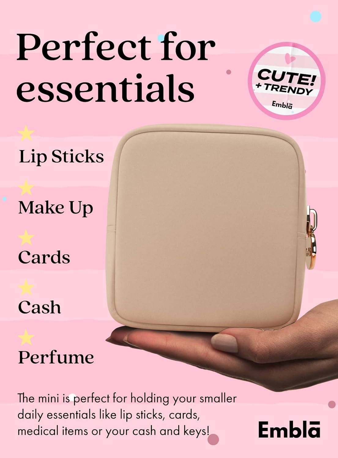 Embla Makeup Bag Travel Cosmetics Pouch and Toiletry Bag, Nylon Zipper Pouch Purse, Cute Make Up