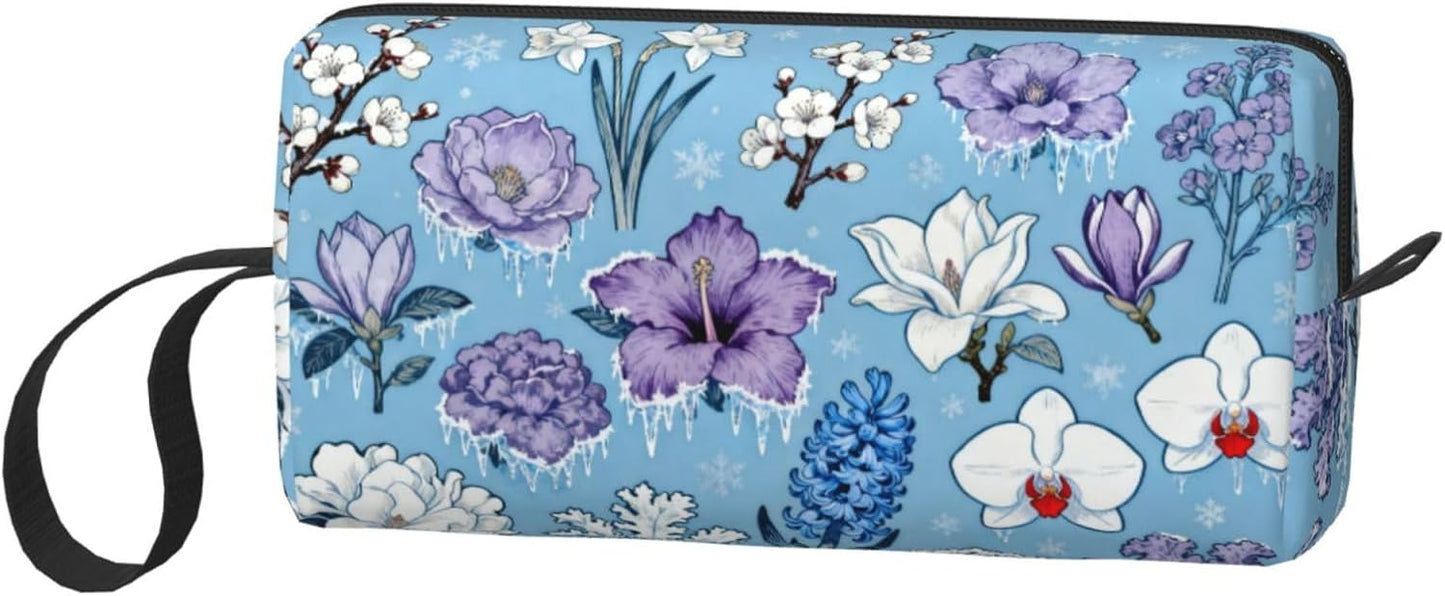Frosted Winter Flowers Makeup Bag Organizer Compact & Durable Blue Floral Travel Cosmetic Bag Oxford Fabric Impact-Resistant Multi-Purpose Storage Perfect for Travel, Gym, Daily Use