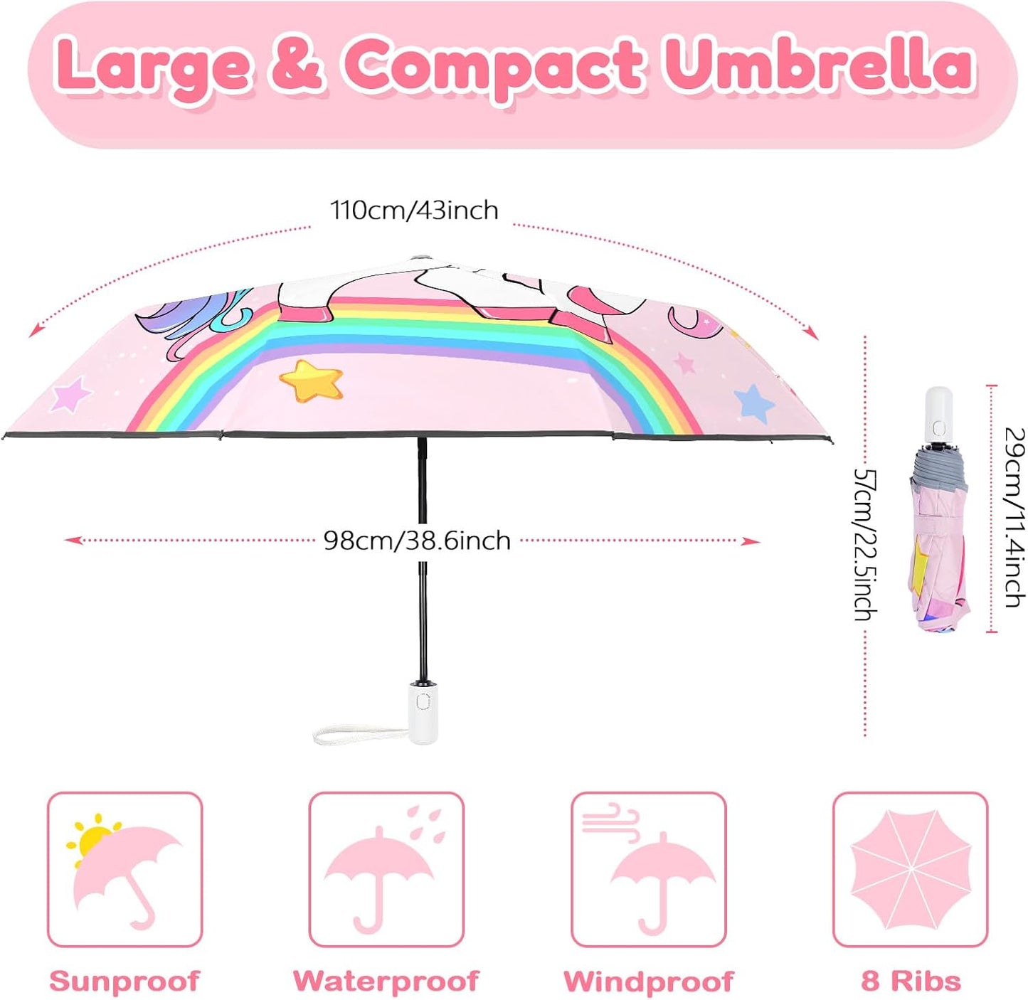 Autoamtic Kids Umbrella UV Resistant, Folding Compact Umbrella 360° Reflective Strip for Travel Outdoor, Lightweight Cute Kids Parasol Anti-rebound Safe for Toddler