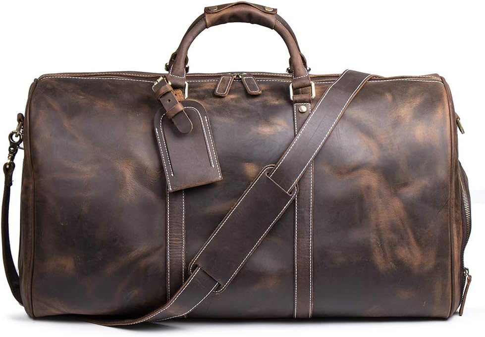 Leather Travel Luggage Bag, Mens Duffle Retro Carry on Handbag(Dark Browm, 24 Inch)