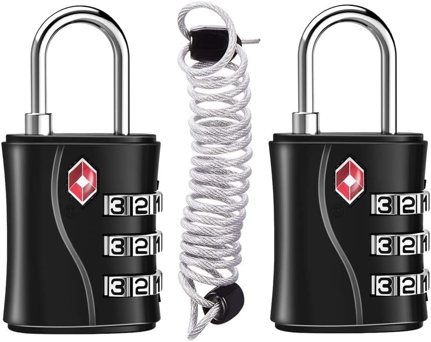 ZHEGE Suitcase Locks TSA Approved, 3 Digit Luggage Locks with Flexible Cable (30 in) for Travel, School & Gym Locker (Black, 2 Pack)