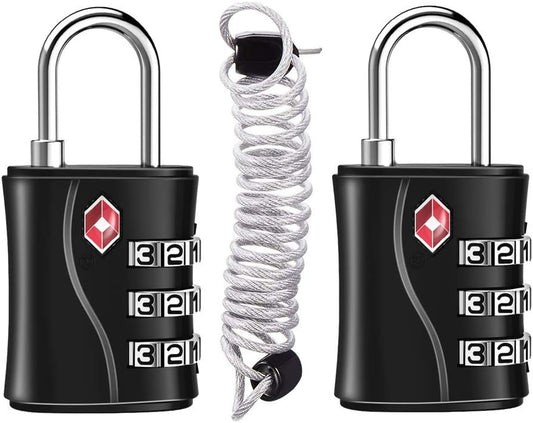 ZHEGE Suitcase Locks TSA Approved, 3 Digit Luggage Locks with Flexible Cable (30 in) for Travel, School & Gym Locker (Black, 2 Pack)