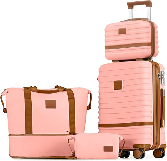 Joyway Carry On Luggage 20 Inch Expandable Suitcase with Spinner Wheel, 4 Piece Hard Shell Luggage Set with TSA Lock(Pink brown)