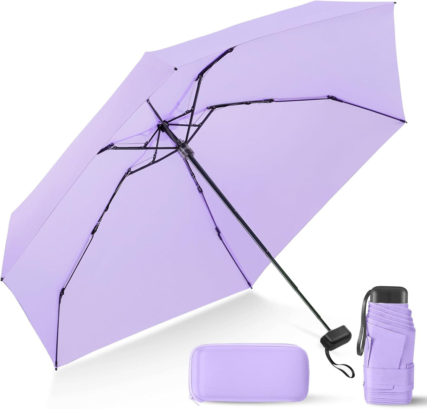 LEAGERA Compact Mini Travel Umbrella with Case - Mini Umbrella for Purse, Small Lightweight &Tiny Design Perfect for Parasol Outdoor Sun&Rain Umbrellas, Light Purple Color