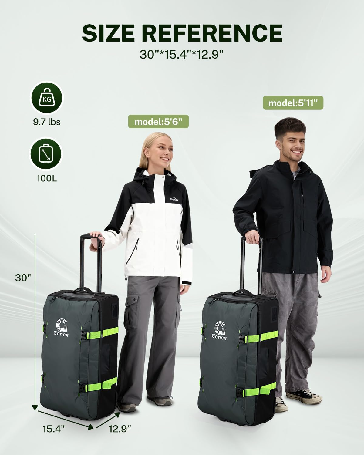 Gonex Rolling Duffle Bag with Wheels, Water-repellent 30 inch Nylon Large Wheeled Travel Duffel Luggage with TSA Lock & Telescopic Handle 100L, Green