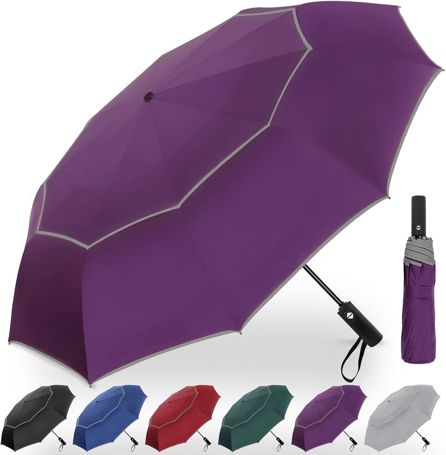 Satol Extra Large Golf Umbrella, 46/54/62 Inch Windproof 10 Ribs Vented Double Canopy Reflective Strips Automatic Open/Close Waterproof UV Protection Portable Compact Umbrella for Outdoor & Travel