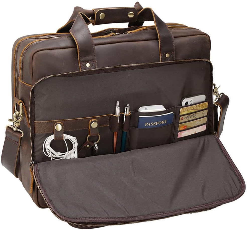 TIDING 18 Inch Full Grain Leather Briefcase for Men Business Travel Messenger Shoulder Bag Fits 17.3" Laptop