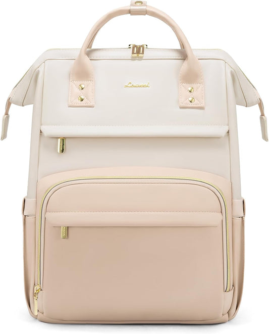 LOVEVOOK Leather Backpack for Women,18 inch Leather Laptop Backpack Women,Professional Work Backpack Nurse College Teacher Bag,Womens Laptop Tote Bag Computer Travel Backpack Purse,Beige-Flesh Beige