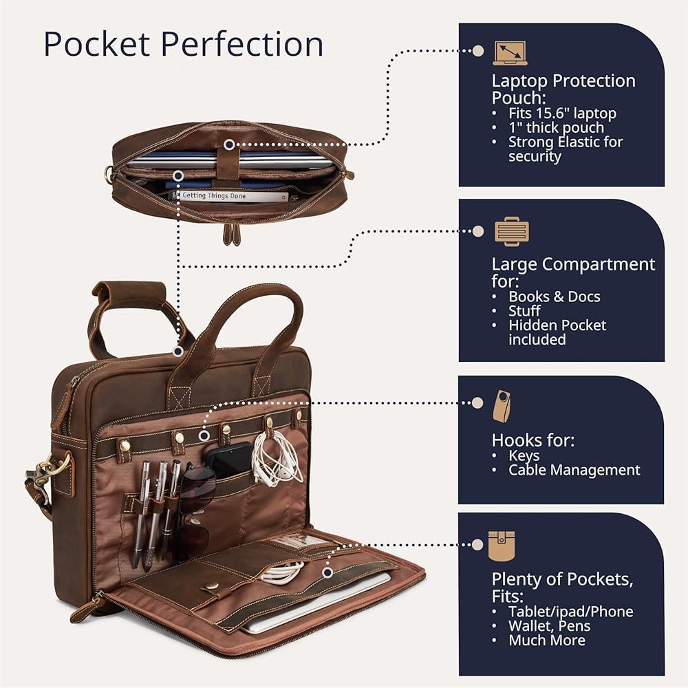 16 Inch Full Grain Leather Laptop Messenger Briefcase Bag for Men - Leather Satchel for Business