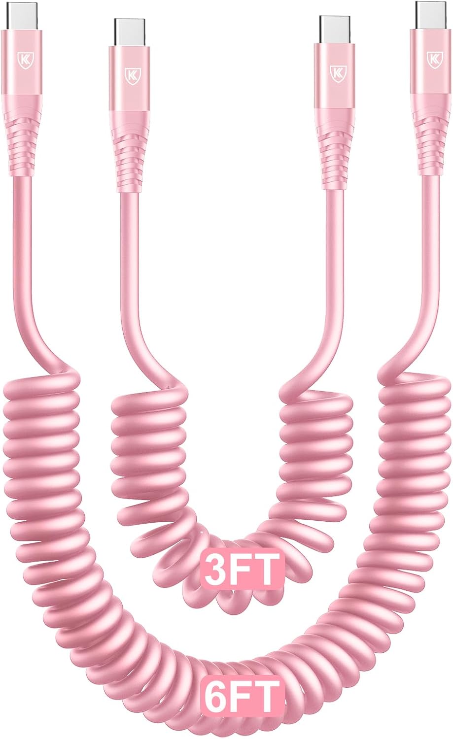 USB C to USB C Cable [3FT+6FT], 2Pack Coiled USBC Cable for Car USB Type C Fast Charging Cable, CarPlay iPhone USB-C Cable/Android Auto USB C Cord for iPhone 17/16/ 15/Pro Max/Samsung Galaxy S23-Pink