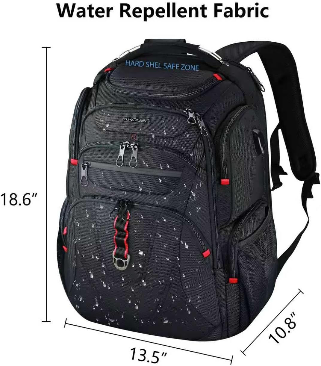 KROSER TSA Friendly Travel Laptop Backpack 17.3 inch XL Computer Backpack Water-Repellent College Daypack Business Backpack with RFID Pockets & USB Port for Men/Women-Black