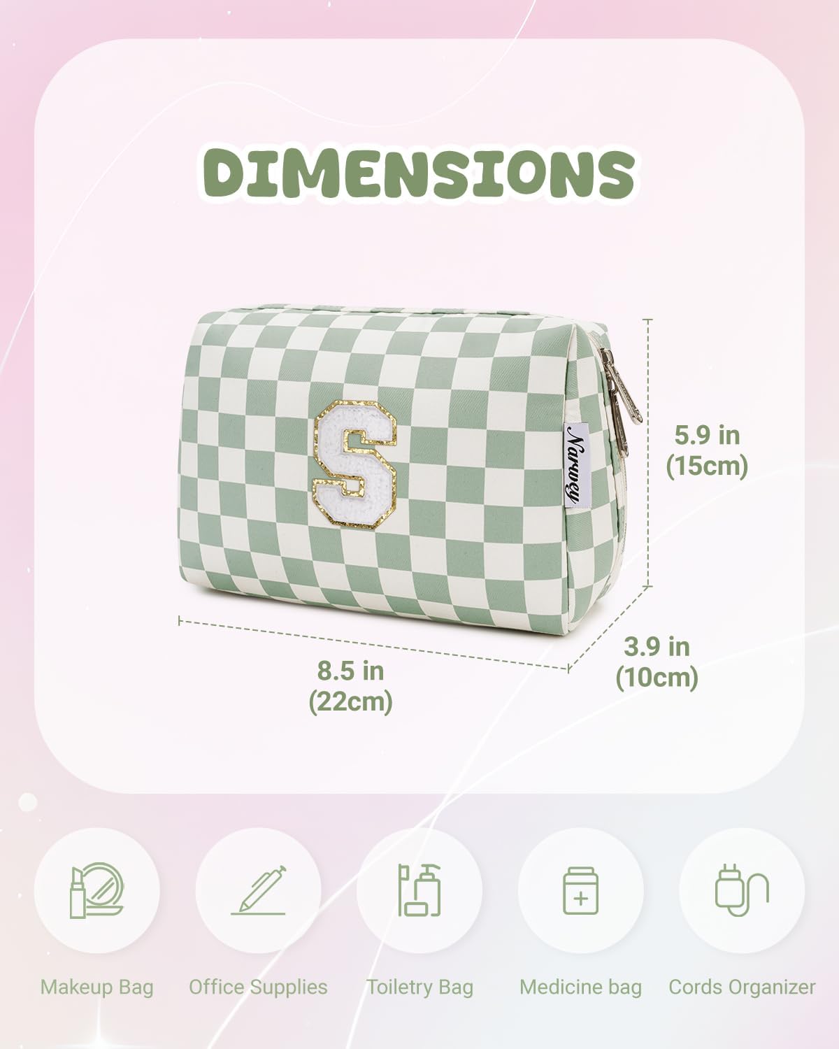 Narwey Birthday Gifts for Teen Girls Women Personalized Initial Checkered Makeup Bag Preppy Cosmetic Bag Trendy Stuff 6 8 10 11 12 13 14 16 18 Years Old Travel Toiletry Bag (Green Letter S)
