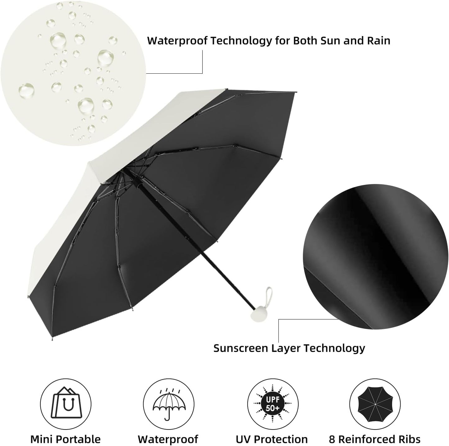 Travel Mini Folding Compact Umbrella with Case, 8 Ribs Lightweight Portable, Small Sun & Rain Pocket Umbrella for Girls and Women