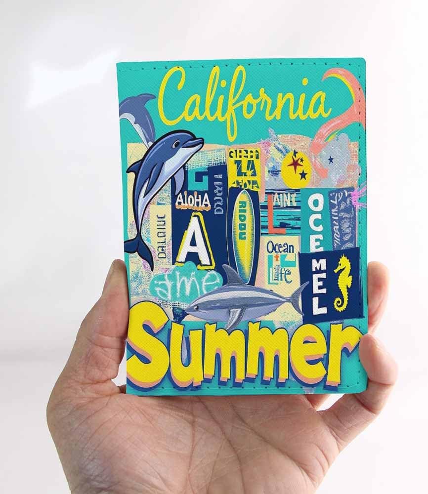 Sea Wave Beach Passport Holder for Travel Surfer Fish Shark Seahorse PU Leather Passport Cover Wallet Cute Passport Card Holder for Women and Men