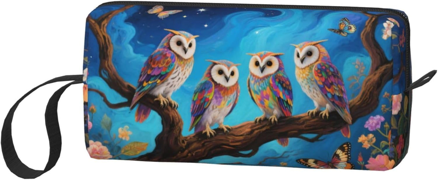Whimsical Starry Night Owl Makeup Bag Small Compact & Durable Travel Cosmetic Bag Organizer Oxford