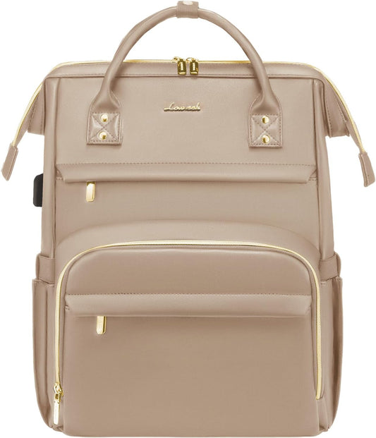 LOVEVOOK Leather Laptop Backpack for Women 15.6 inch,Travel Backpack Purse Nurse Teacher Backpack Computer Laptop Bag,Professional College Business Work Bags Carry On Backpack with USB Port,Sandy