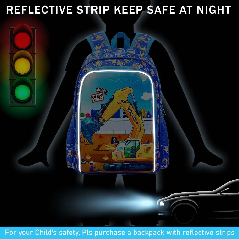 3PCS Excavator Backpack for Boys, Water Resistant Kids Digger Bookbag Set with Lunch Box, Cute School Bag for Preschool Toddler