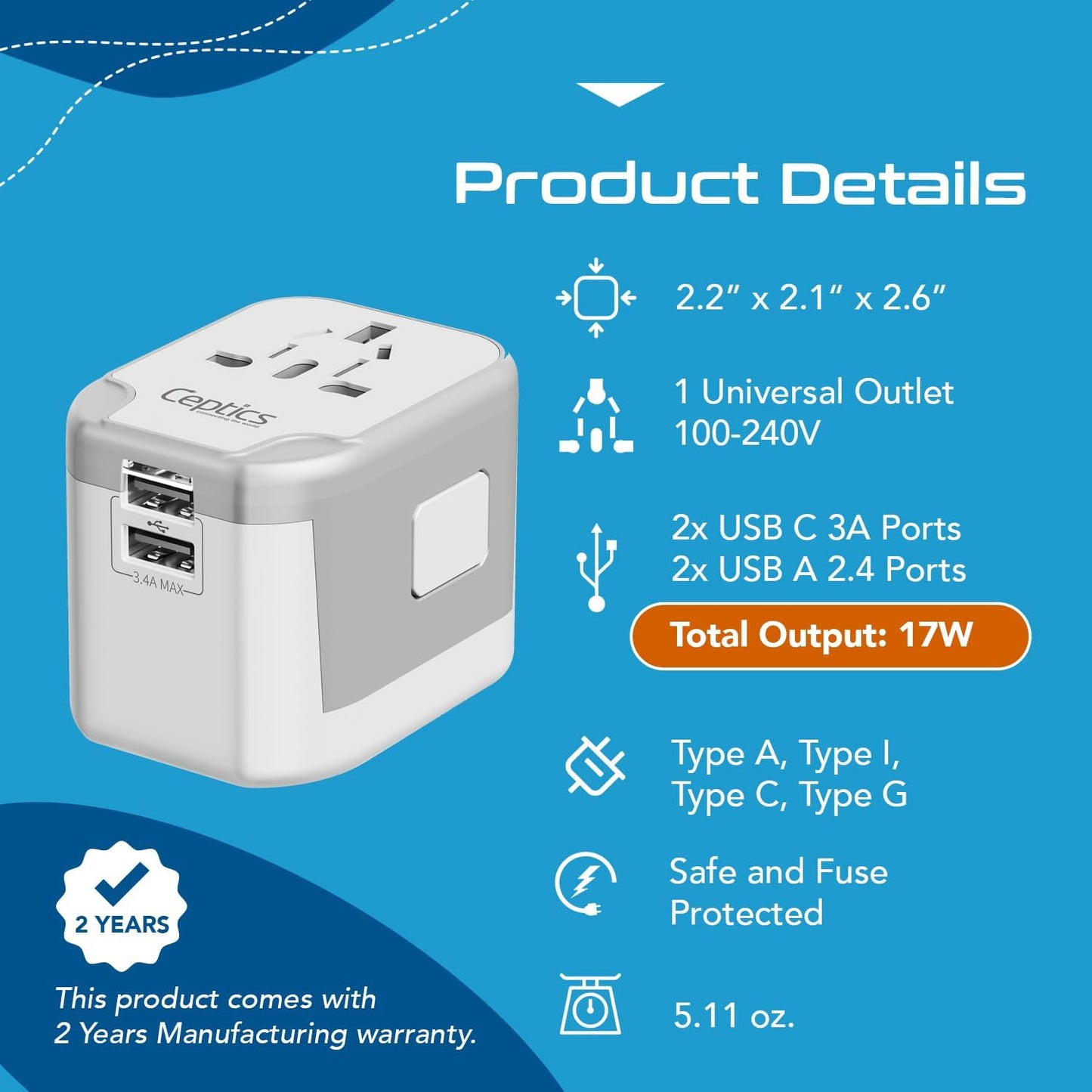 Ceptics International Plug Adapter, 5 in 1 Universal Power Adapter with 2X USB-A & USB-C, Worldwide Travel Essentials with Type A, C, G, I outputs for Europe Germany Spain Australia, UP-16KU-WH