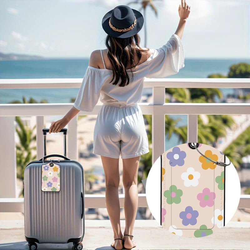 2 Pack Daisy Leather Luggage Tags for Suitcases, Travel Bag Tags with Privacy Cover ID Label with Stainless Steel Loop for Women Men Girls Backpack Gift (Cream Purple)