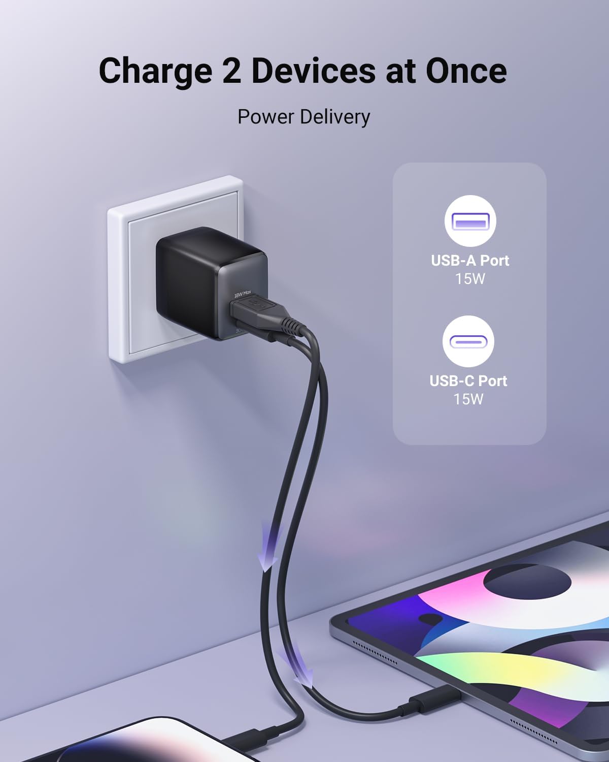 USB C Fast Charging Charger, 30W Dual-Port GaN Nano Charger with Foldable Plug for iPhone 16/15 Series, iPad, Galaxy S24 Ultra and More Series, (Black, 2 Pack)