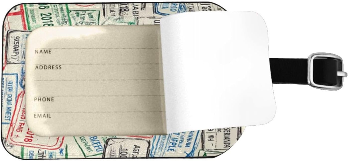 Grunge Passport Luggage Tag for Suitcases,Airport Stamps Colorful Red Green Gray Blue PU Leather