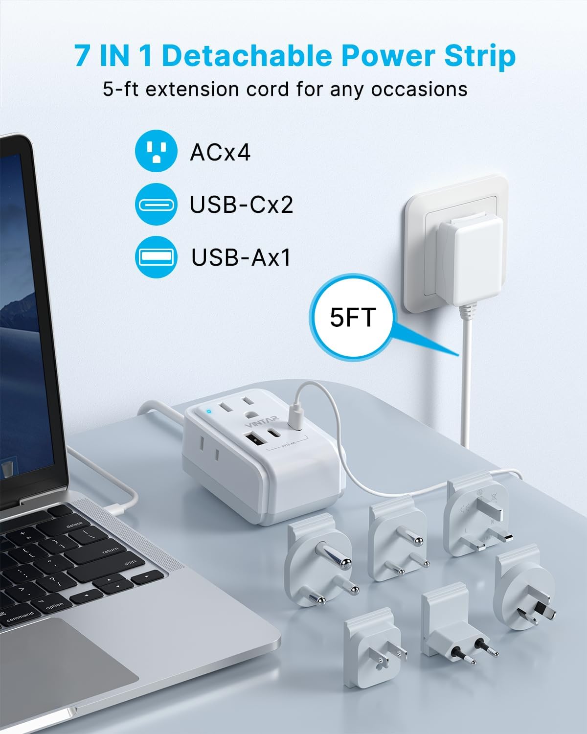 VINTAR Universal Travel Adapter Kit, 5ft Detachable Extension Cord with 4 AC Outlets & 3 USB(2 USB