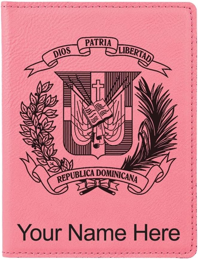 LaserGram Faux Leather Passport Holder, Coat of Arms Dominican Republic, Personalized Engraving Included (Pink)