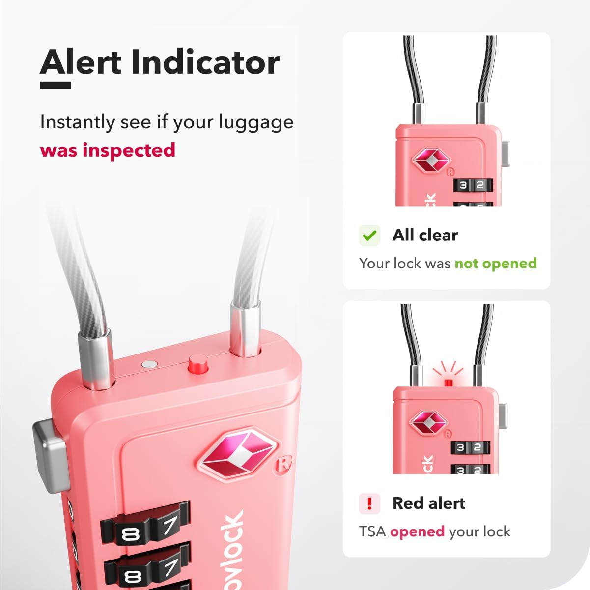 TSA Approved Luggage Locks | Inspection Indicator, 4-Digit Combination, Durable Zinc Alloy | for Suitcases, Backpacks, Travel Bags | Pink, 2-Pack