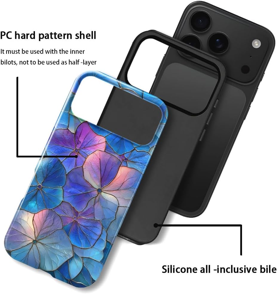 Case for iPhone 17 Pro Max - Slim Fit Anti-Scratch Phone Case for Girl Women - Blue Hydrangea Floral Stained Glass Aesthetic (Glossy)