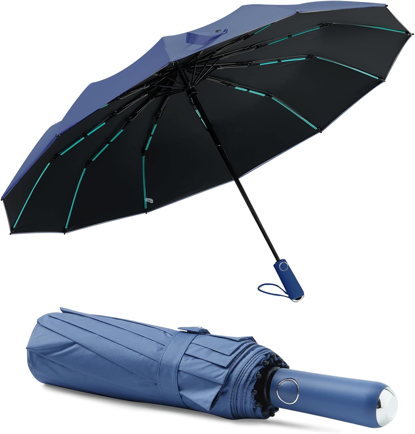 Large Double-Ribs Umbrella Automatic Folding Umbrella for Women Men, Travel, UPF 50+ UV Protection,46-Inch, 12 Ribs, Light Green