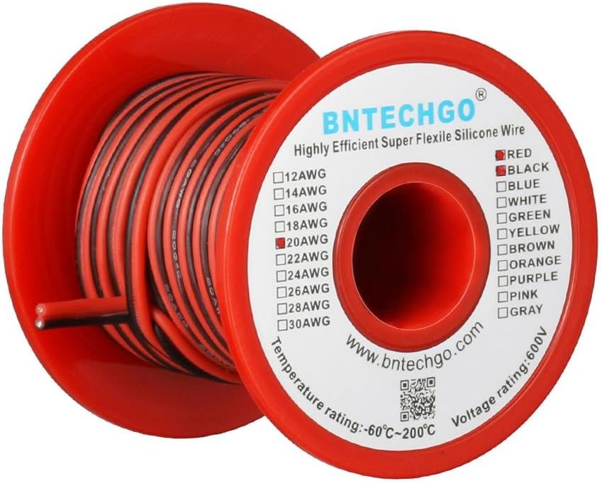 BNTECHGO 20 Gauge Flexible 2 Conductor Parallel Silicone Wire Spool Red Black High Resistant 200 deg C 600V for Single Color LED Strip Extension Cable Cord,Model,25ft Stranded Tinned Copper Wire