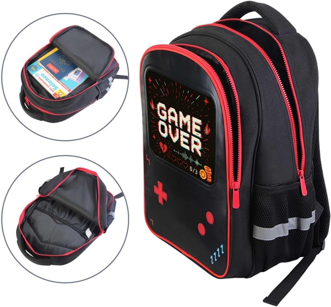 Gamer Backpack for Boys | 17" Game Bookbag with Leather Front Panel | Kids School Bag with 2 Large Compartments, Dual Bottle Pockets | Elementary & Middle School Daypack