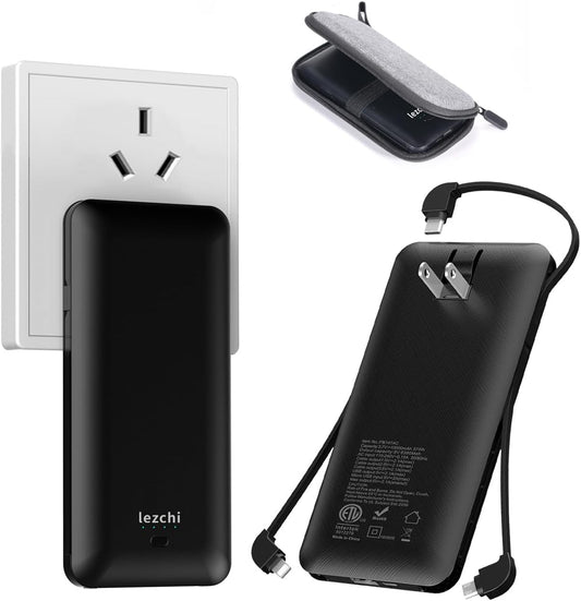 Portable Power Bank, Ultra Slim 10000mAh Portable Charger with Built in Cable, USB C External Battery Pack with Built-in AC Wall Plug Compatible with iPhone Smartphone Tablet…