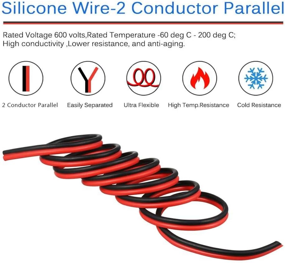 BNTECHGO 12 Gauge Flexible 2 Conductor Parallel Silicone Wire Spool Red Black High Resistant 200 deg C 600V for Single Color LED Strip Extension Cable Cord,Model,50ft Stranded Tinned Copper Wire