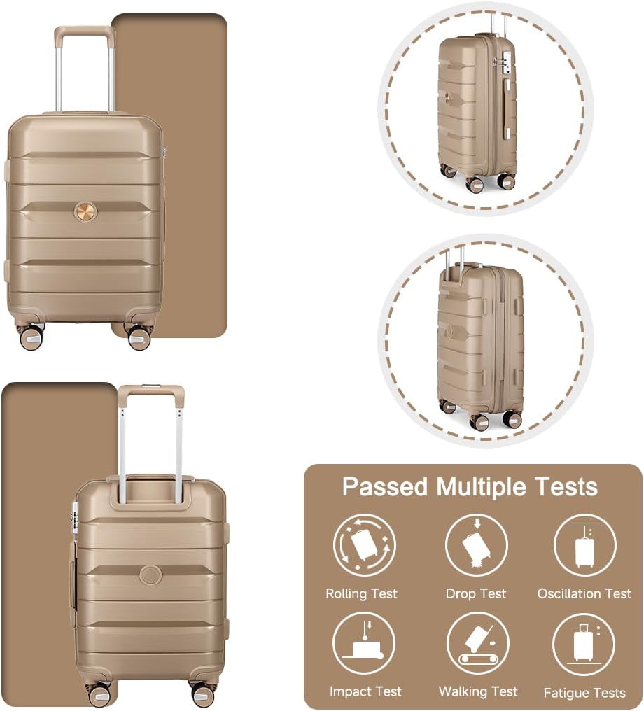 Somago Luggage Sets and Packing Cube Travel Set Lightweight Hardside Polypropylene Suitcases with Double Spinner Wheels and TSA Lock,Noble Golden