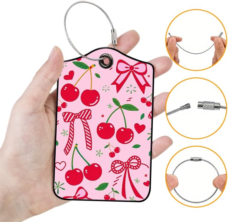 2 Pack Cherry Leather Luggage Tags for Suitcases, Travel Bag Tags with Privacy Cover ID Label with Stainless Steel Loop for Women Men Girls Backpack Gift (Pink Red)