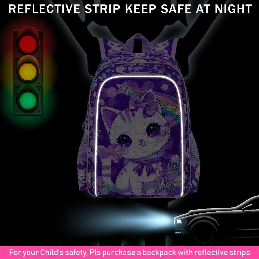 CCJPX 16" Cat Backpack for Girls, 3Pcs Kids Preschool Bookbag, Cute Water Sequin Resistant School Bag for Teen Kindergarten Toddler (Purple)