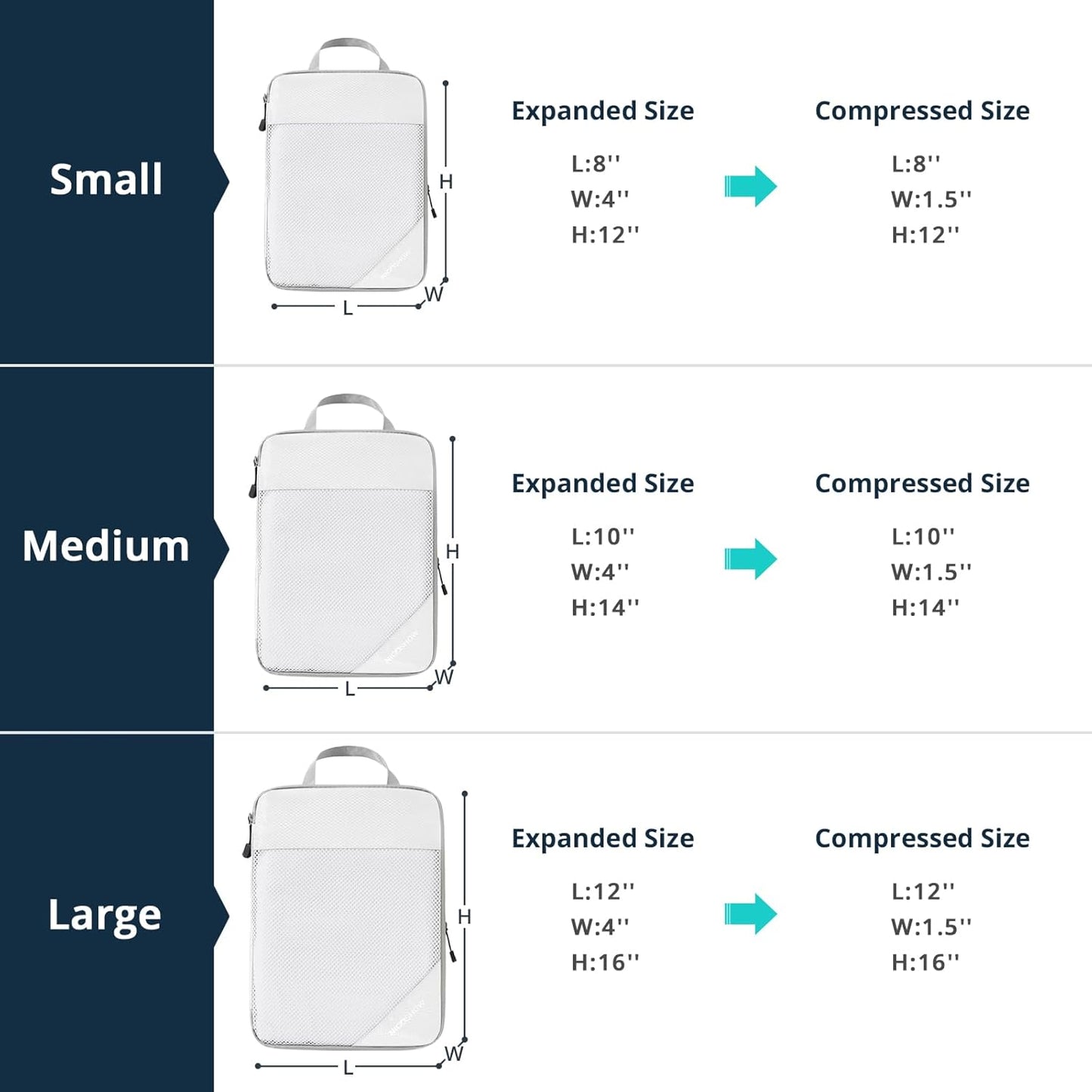 Compression Packing Cubes 6 Set, Compressible Space-Saving Packing Cubes for Travel - Compression Bags, Luggage Organizer, Travel Essentials for Women, White