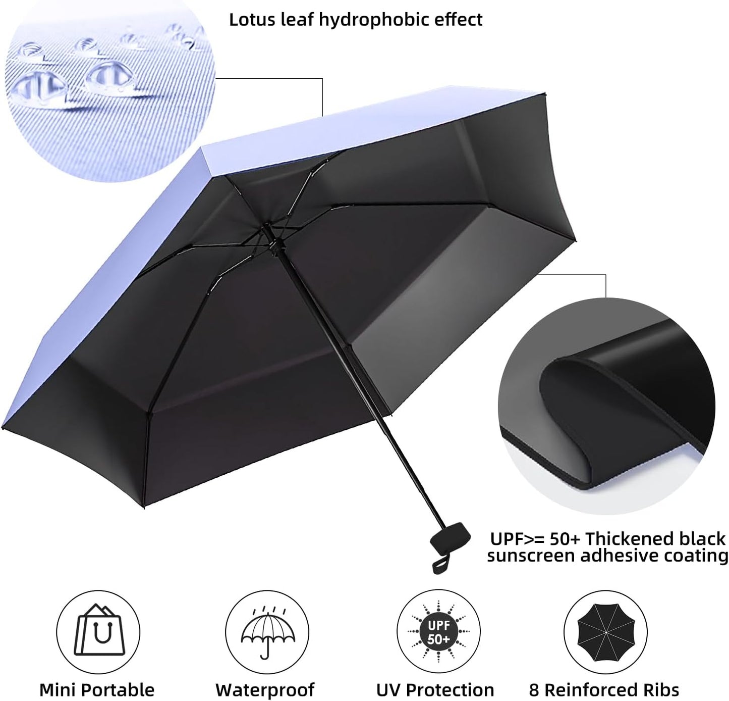 Travel Mini Folding Compact Umbrella with Case, 8 Ribs Lightweight Portable, Small Sun & Rain Pocket Umbrella for Girls and Women