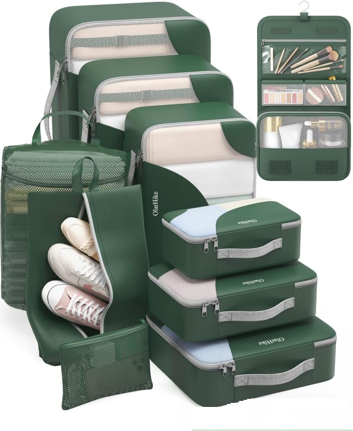 ALL INCLUDED 10 Set Durable Packing Cubes for Suitcases,OlarHike Essentials for Travel,UPGRADED Anti-Tear Stitching, NEW Improved Luggage Packing Organizers for Travel Accessories (Dark Green)