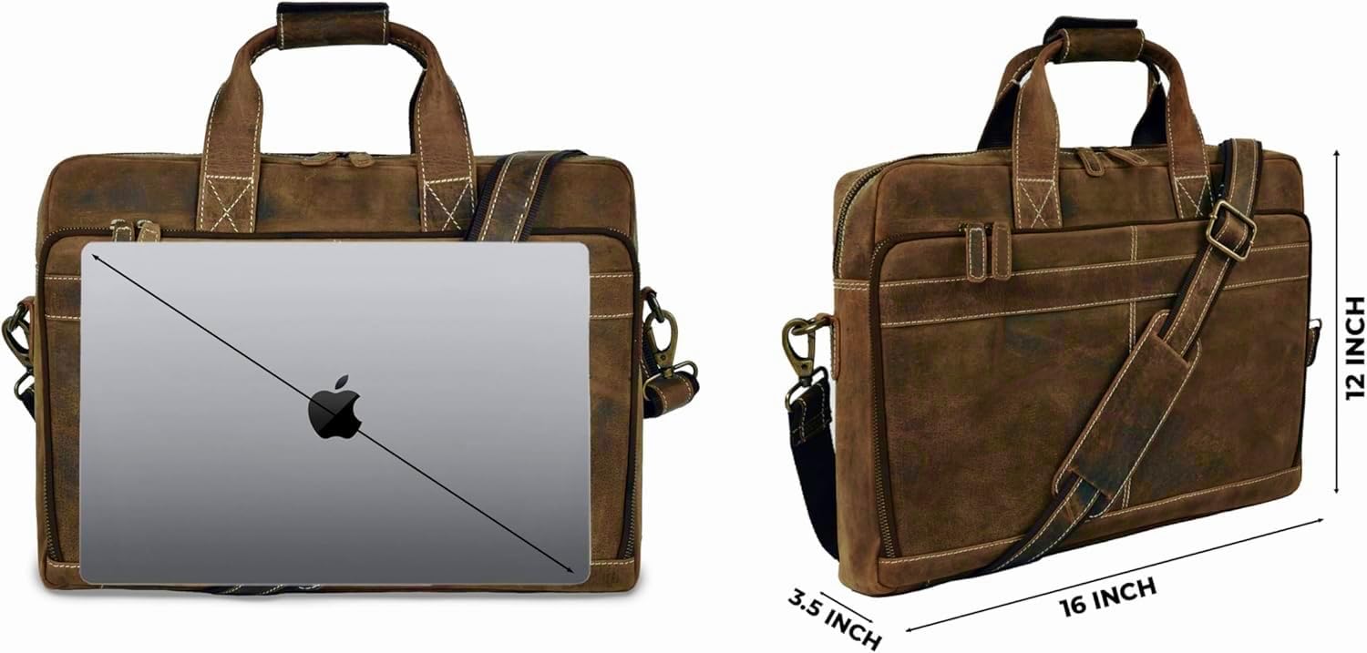 16 Inch Full Grain Leather Laptop Messenger Briefcase Bag for Men - Leather Satchel for Business