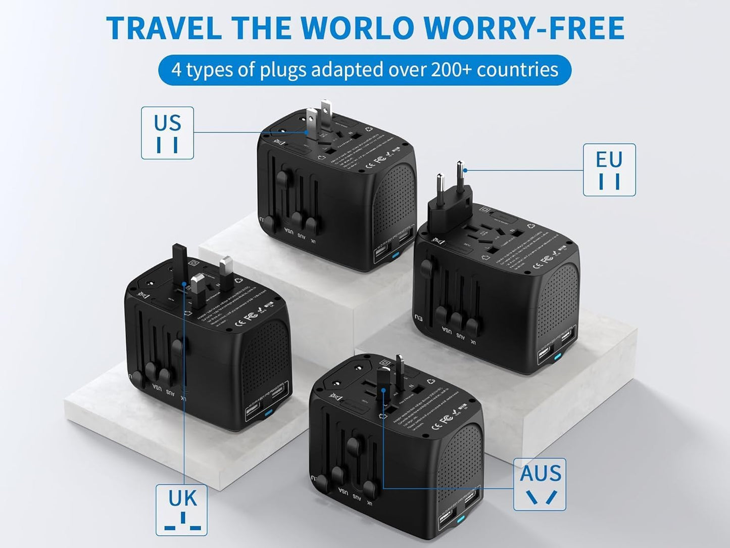 International Travel Adapter Voltage Converter Combo for 100V-240V with 2 USB Ports, USA to UK Europe Australia 200+ Countries 1