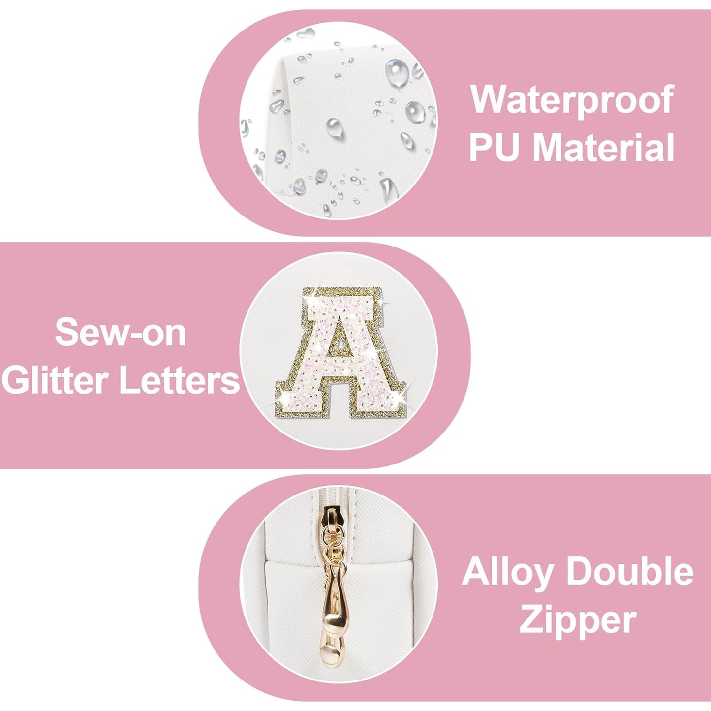 Small Initial Patch Makeup Bag Personalized Gifts Make Up Bag,White Cute PU Leather Glitter Letter Cosmetic Bag with Zipper,Trendy Portable Travel Toiletry Pouch,Preppy Stuff for Teen Girls Women A