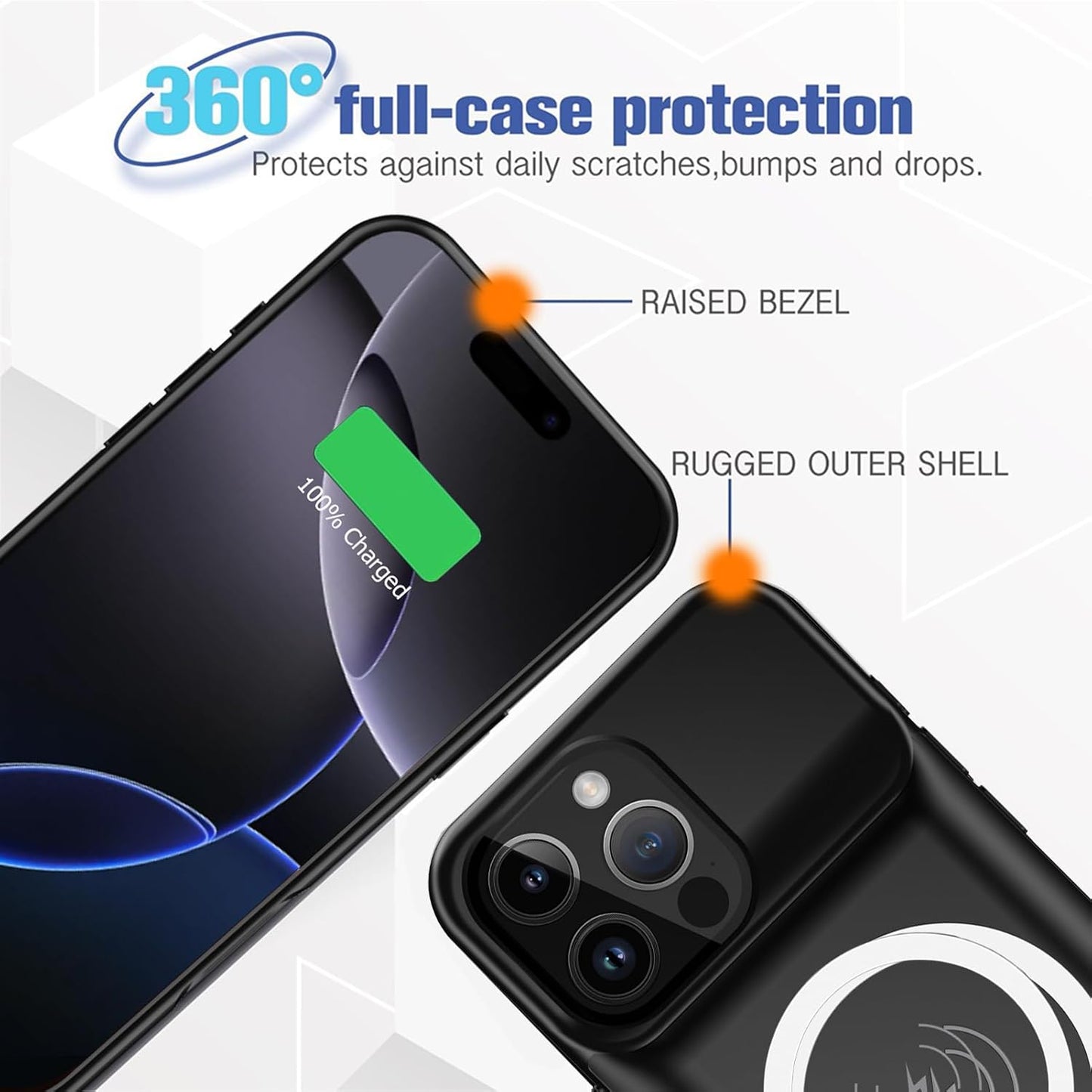 Battery Case for iPhone 16 Pro, Full Encircle 10000mAh High Capacity Rechargeable Portable Charger Case Extended Battery Pack for iPhone 16 Pro (6.3 inch) Wireless Charging Cover with Carplay-Black