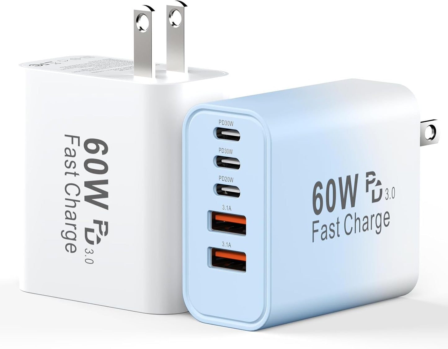 USB C Fast Charger Block, 60W 5-Port USB C Wall Charging Blocks, Type C Chargers Fast Charging Brick, 3USB C+2USB A PD&QC3.0 Multiport Charger Plug for Phone 16/15/14/13 Pro Max, White+Blue Gradient