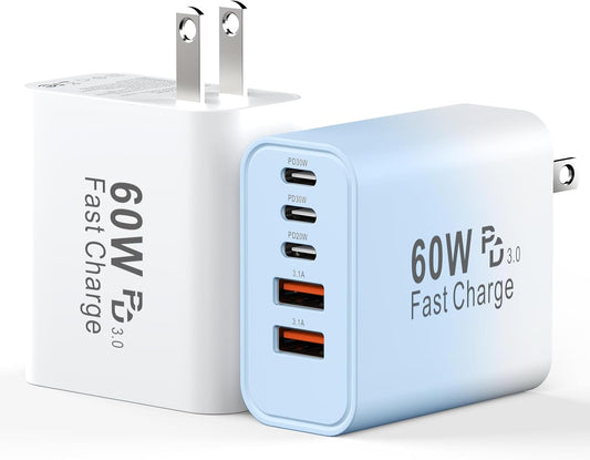 USB C Fast Charger Block, 60W 5-Port USB C Wall Charging Blocks, Type C Chargers Fast Charging Brick, 3USB C+2USB A PD&QC3.0 Multiport Charger Plug for Phone 16/15/14/13 Pro Max, White+Blue Gradient