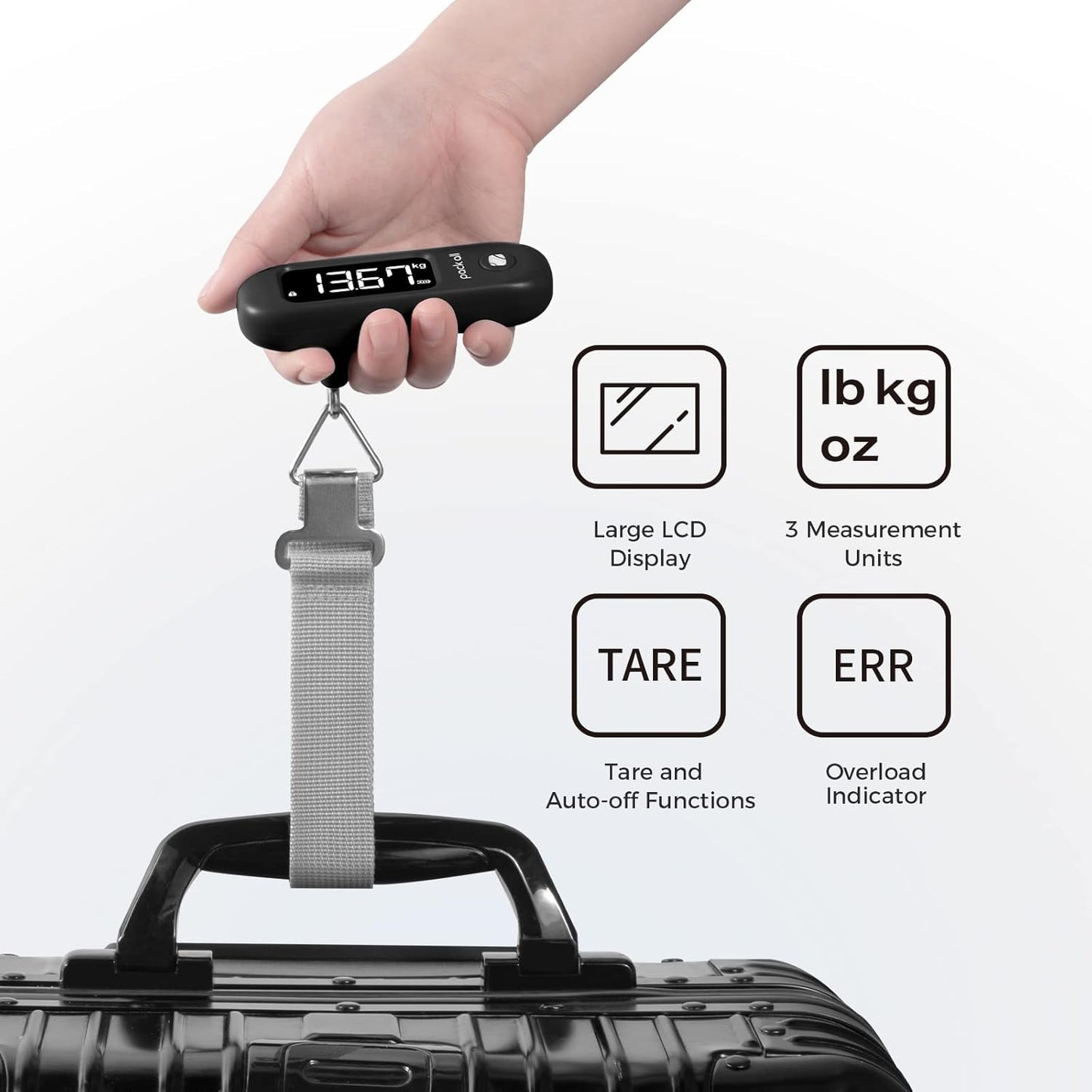 pack all 110 Lbs Luggage Scale, Digital Handheld Baggage Scale, Travel Suitcase Weight Scale with LCD Display, Battery Included, Black