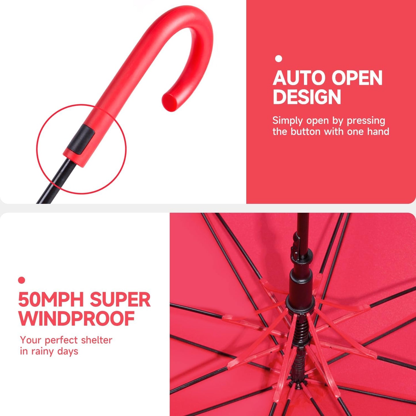 RUMBRELLA UV Stick Umbrella Auto Open UPF 50+ with J Hook Handle 51IN